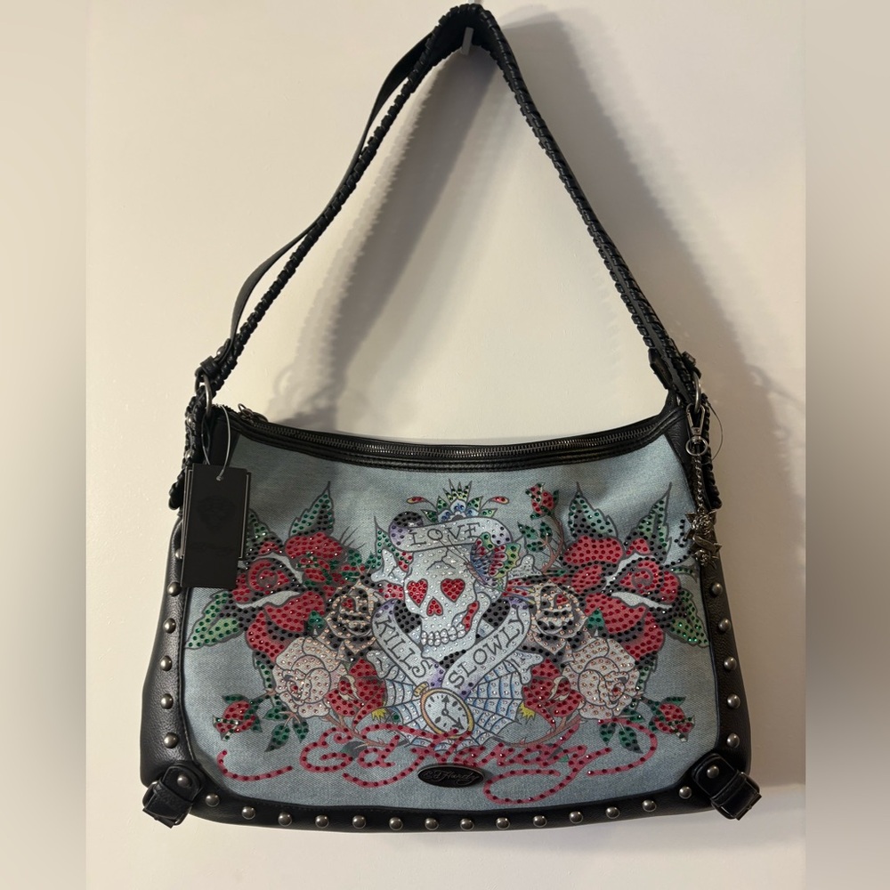 Ed Hardy Hobo bag Love Kills Slowly skull denim insert rhinestones NWT